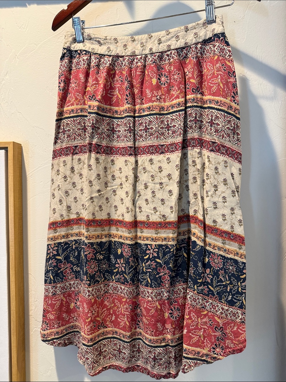 DAMSELFLY BOHO Floral Tiered Midi Skirt - Cream, red & Navy
